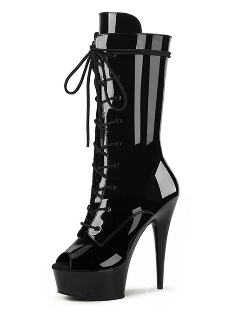 Chaussures Pole Dance Sexy À Lacets Pour Femmes Talons Exotiques Bottes Plateforme Strip-teaseuse Cuir Verni Noir