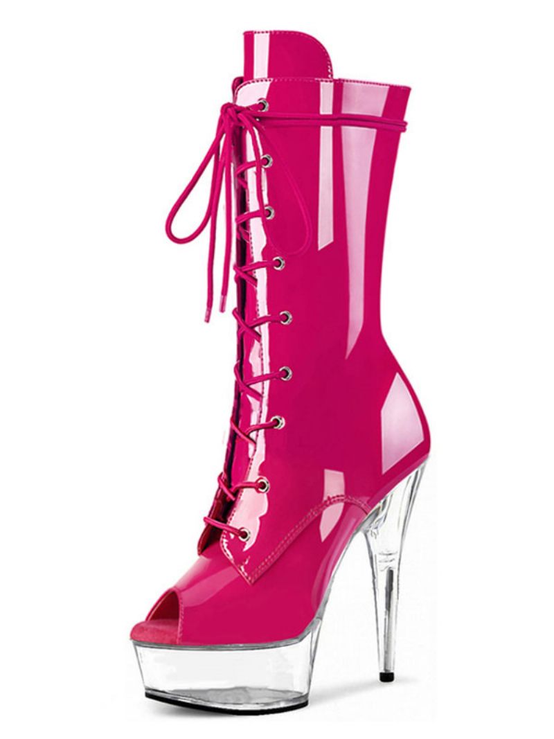 Chaussures Pole Dance Sexy À Lacets Pour Femmes Talons Exotiques Bottes Plateforme Strip-teaseuse Cuir Verni Noir - Rose