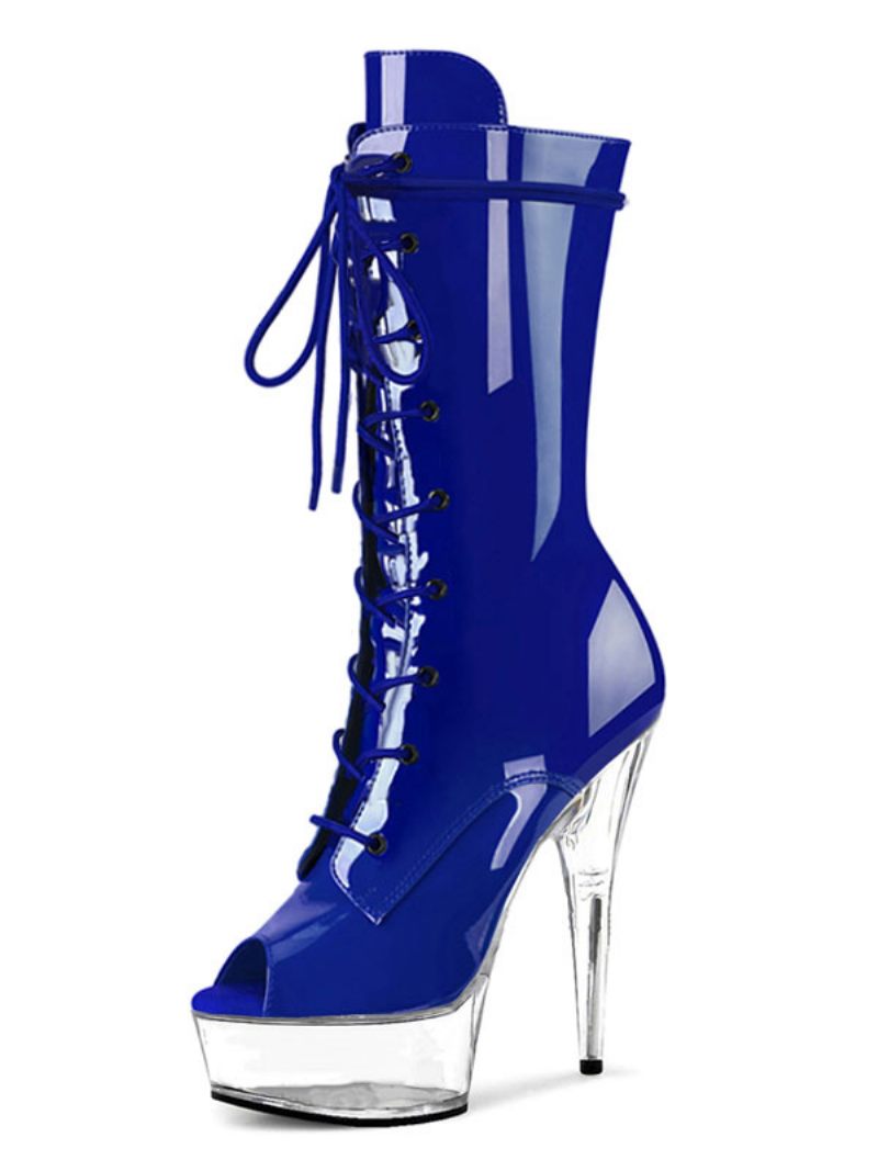 Chaussures Pole Dance Sexy À Lacets Pour Femmes Talons Exotiques Bottes Plateforme Strip-teaseuse Cuir Verni Noir - Bleu Royal