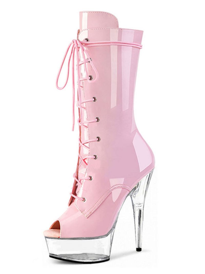 Chaussures Pole Dance Sexy À Lacets Pour Femmes Talons Exotiques Bottes Plateforme Strip-teaseuse Cuir Verni Noir - Rose