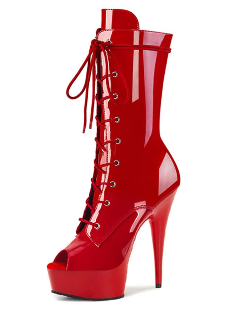 Chaussures Pole Dance Sexy À Lacets Pour Femmes Talons Exotiques Bottes Plateforme Strip-teaseuse Cuir Verni Noir - Rouge Ture