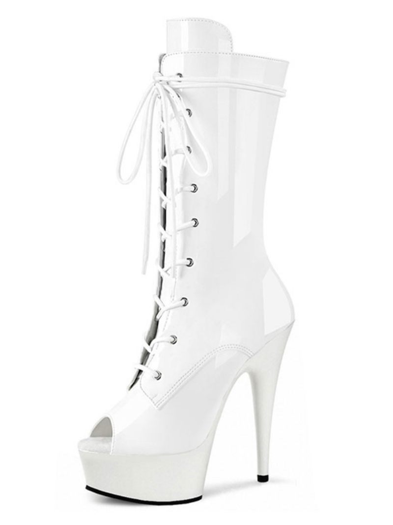 Chaussures Pole Dance Sexy À Lacets Pour Femmes Talons Exotiques Bottes Plateforme Strip-teaseuse Cuir Verni Noir - Blanc