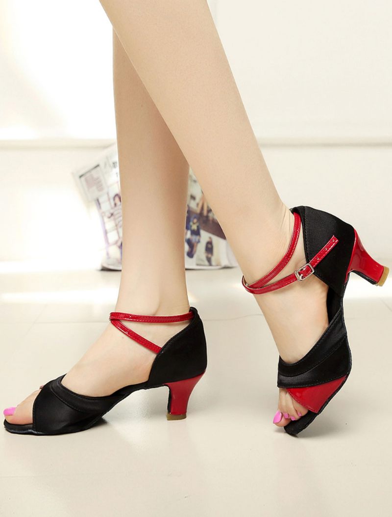 Chaussures Salon Satin Noir Doré Pour Femmes - Rouge