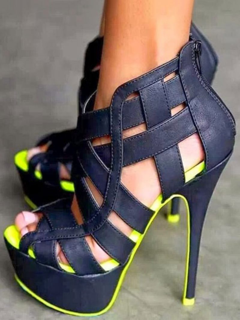 Chaussures Sexy Pour Femmes Sandales À Talons Hauts Plateforme Bout Ouvert Bretelles Découpées - Jaune Vert