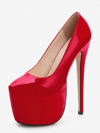 Chaussures Sexy Rouges Femmes Talons Plateforme Amande Brevet Ciel Haut Sans Lacet Pompes