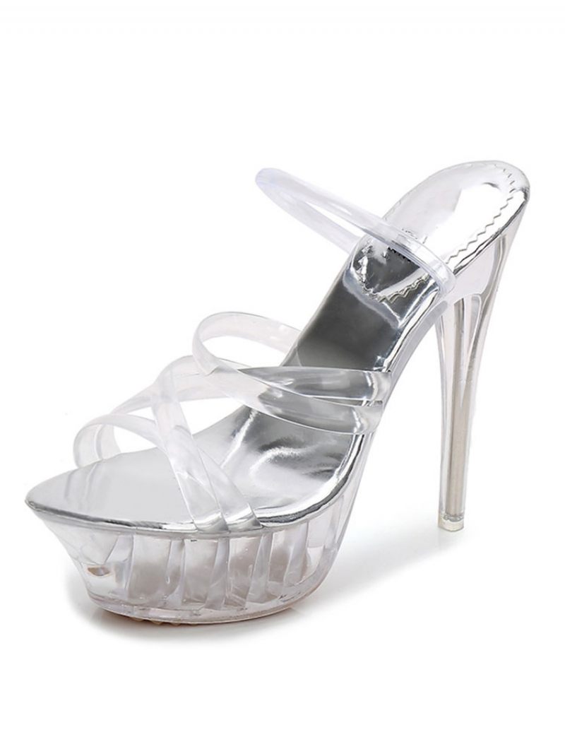 Chaussures Sexy Transparentes Femmes Bout Ouvert Talon Aiguille Sandales À Talons Hauts Pantoufles - Transparent