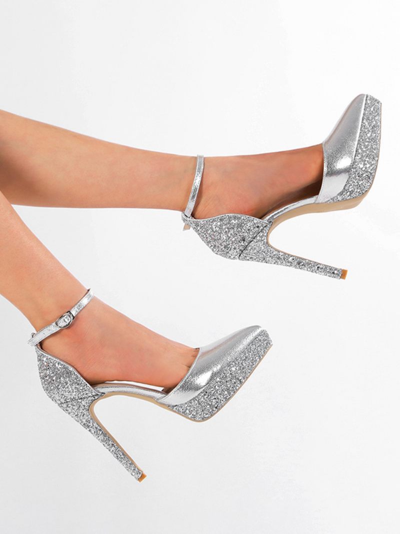 Chaussures Soirée À Talons Hauts Pour Femmes Bal Argentées Bout Pointu Et Paillettes - Argent