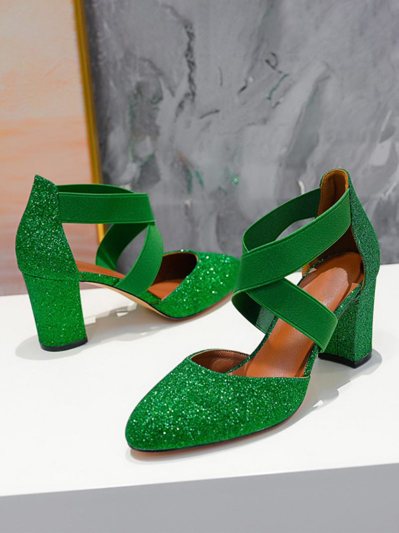 Chaussures Soirée À Talons Hauts Pour Femmes Bal Bout Fermé Argentées - Vert