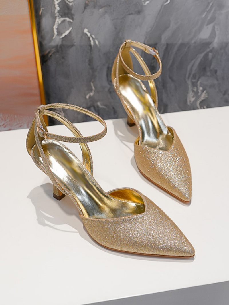 Chaussures Soirée À Talons Hauts Pour Femmes Bal Bout Pointu Et Strass Dorés - Or