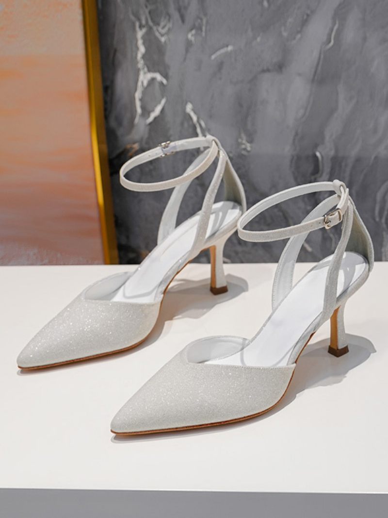 Chaussures Soirée À Talons Hauts Pour Femmes Bal Bout Pointu Et Strass Dorés - Blanc