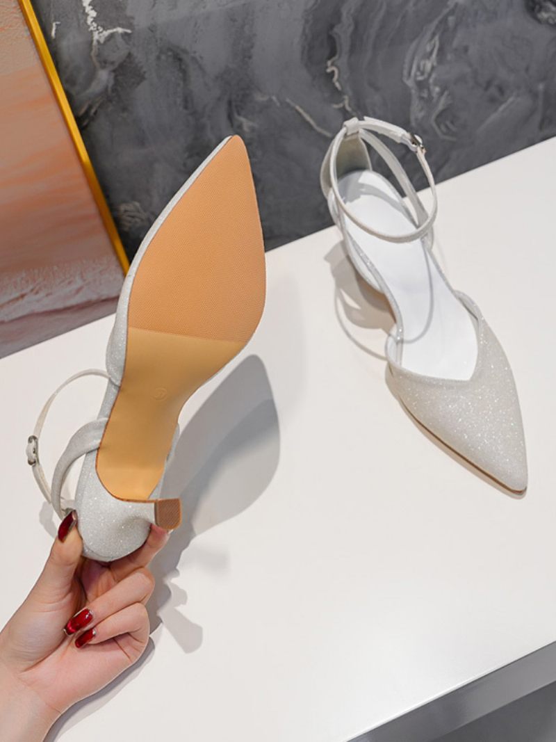 Chaussures Soirée À Talons Hauts Pour Femmes Bal Bout Pointu Et Strass Dorés - Blanc