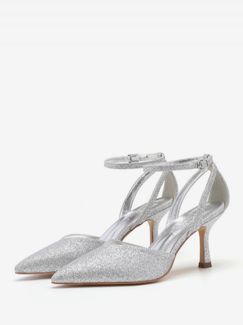 Chaussures Soirée À Talons Hauts Pour Femmes Bal Bout Pointu Et Strass Dorés - Argent