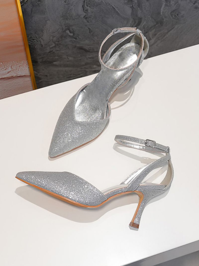 Chaussures Soirée À Talons Hauts Pour Femmes Bal Bout Pointu Et Strass Dorés - Argent