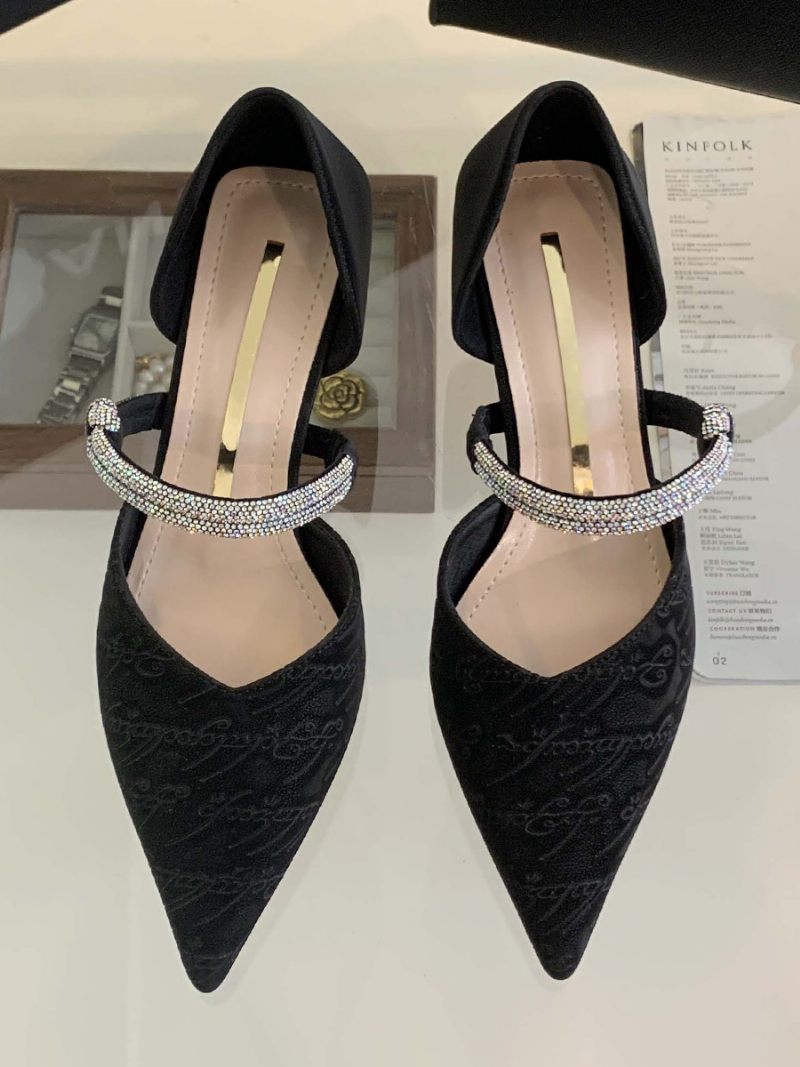 Chaussures Soirée À Talons Hauts Pour Femmes Bal Noires Bout Pointu Avec Strass