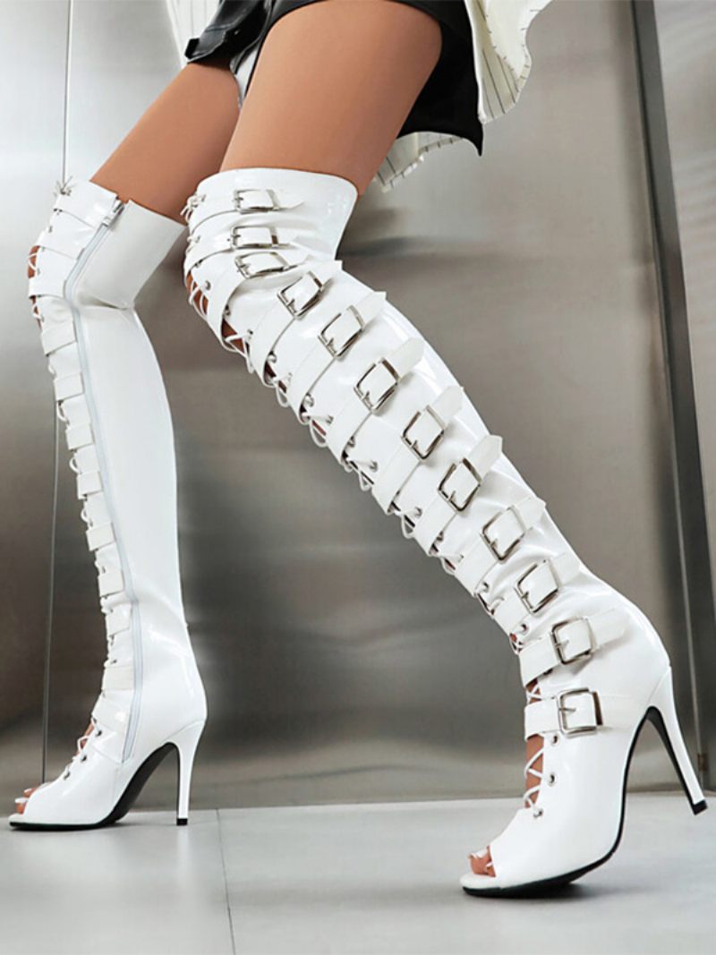 Cuissardes Noires Sexy Pour Femmes Bottes Hautes À Bout Ouvert Avec Boucle Conçues Lacets Talons Hauts Au-dessus Du Genou - Blanc