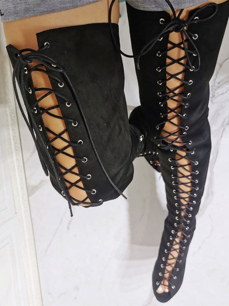 Cuissardes À Talons Hauts Lacets Pour Femmes Daim Noir - Noir