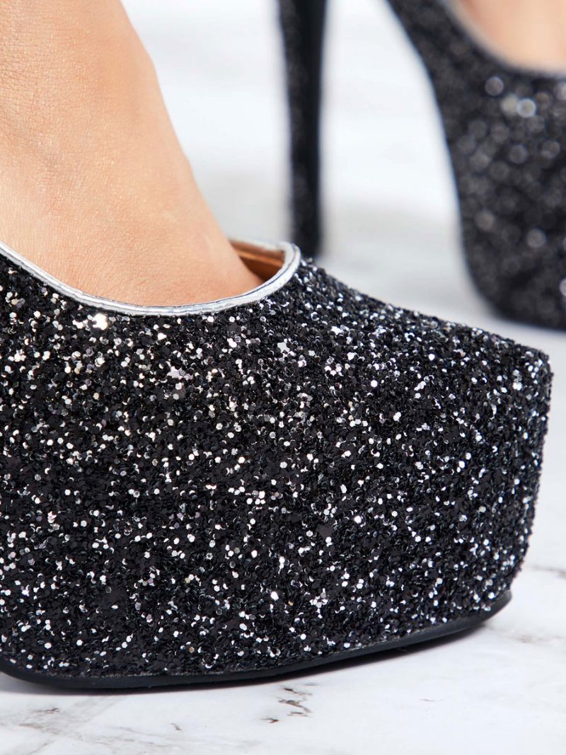 Escarpins À Plateforme Scintillants Pour Femmes Chaussures Bal Noires Soirée Talons Hauts - Noir