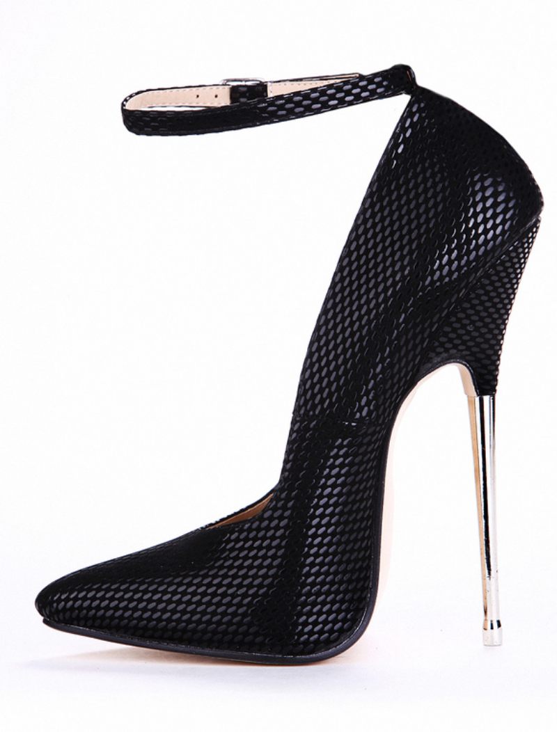 Escarpins Sexy Cuir Noir Imprimé Serpent Pour Femmes Bride À La Cheville Bout Pointu - Noir