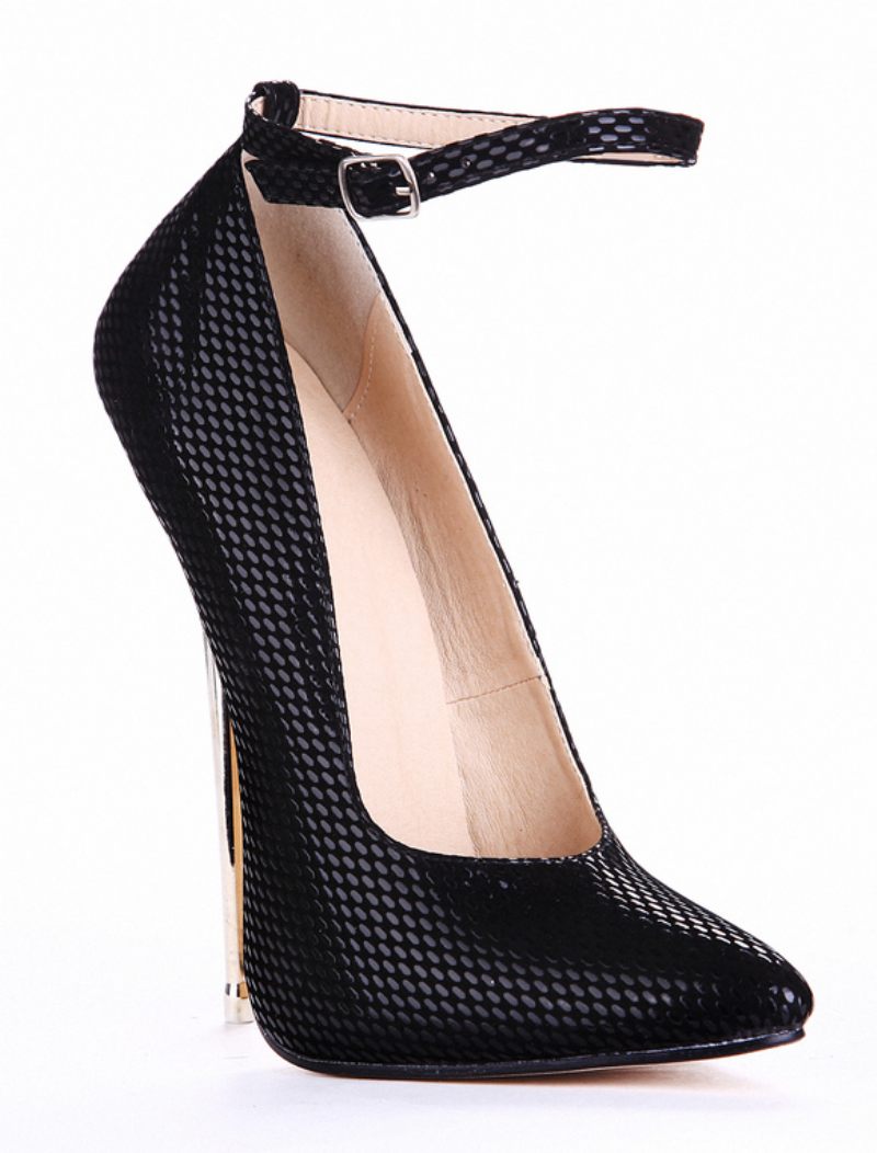 Escarpins Sexy Cuir Noir Imprimé Serpent Pour Femmes Bride À La Cheville Bout Pointu - Noir