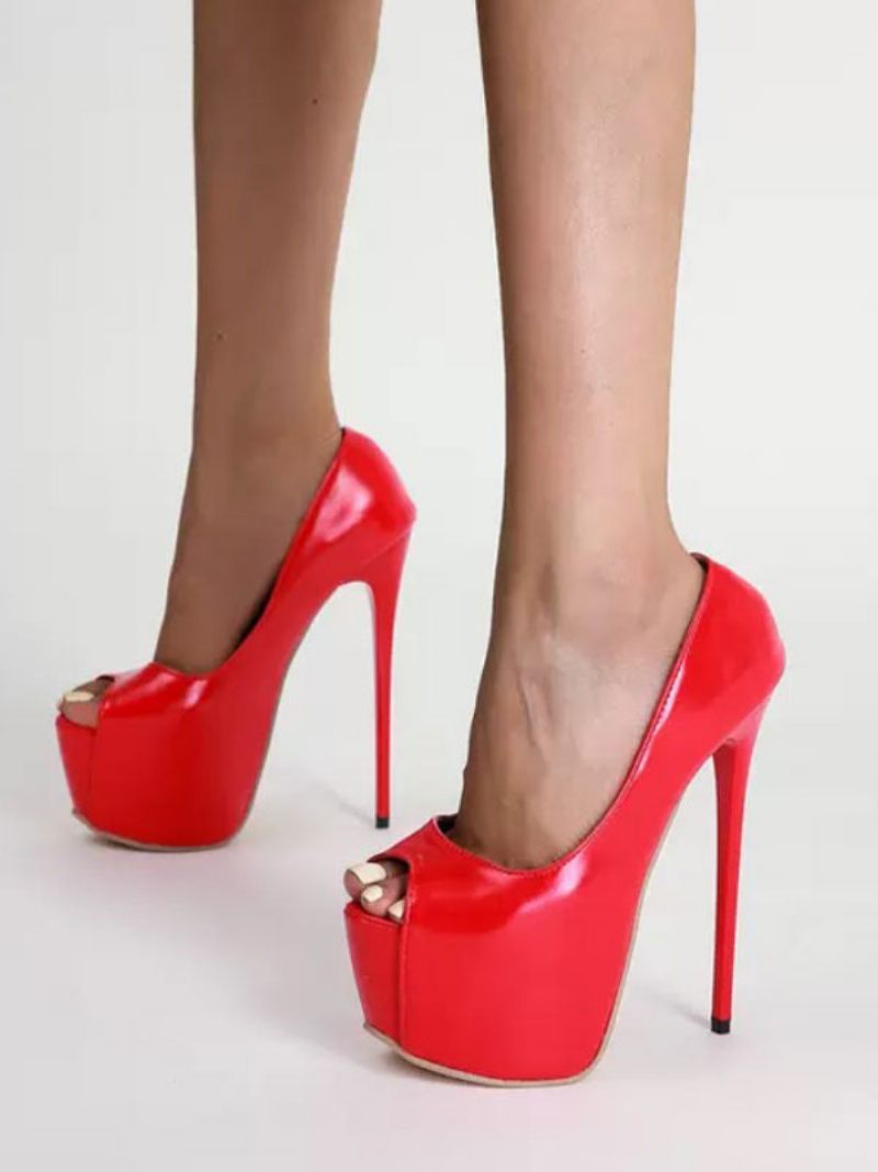 Escarpins À Talons Hauts Pour Femmes Cuir Pu Rouge Peep Toe Chaussures Soirée