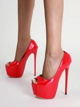 Escarpins À Talons Hauts Pour Femmes Cuir Pu Rouge Peep Toe Chaussures Soirée