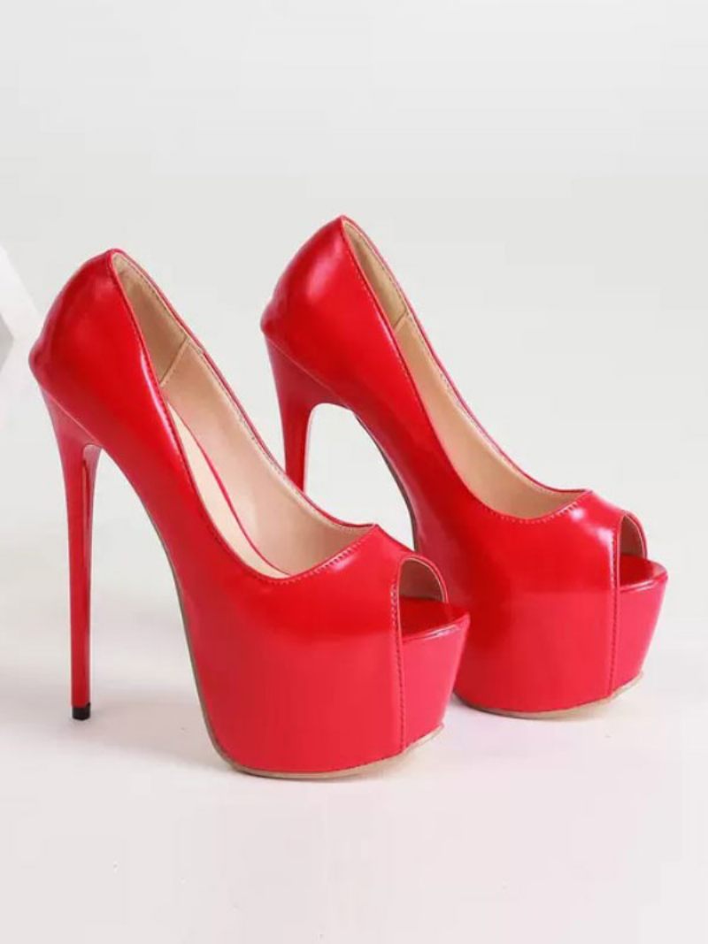 Escarpins À Talons Hauts Pour Femmes Cuir Pu Rouge Peep Toe Chaussures Soirée - Rouge