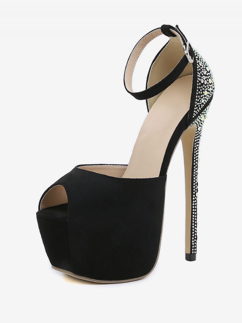 Escarpins À Talons Hauts Sexy Pour Femmes Plateforme Noire Strass Bout Ouvert Talon Aiguille Micro-daim Supérieurs