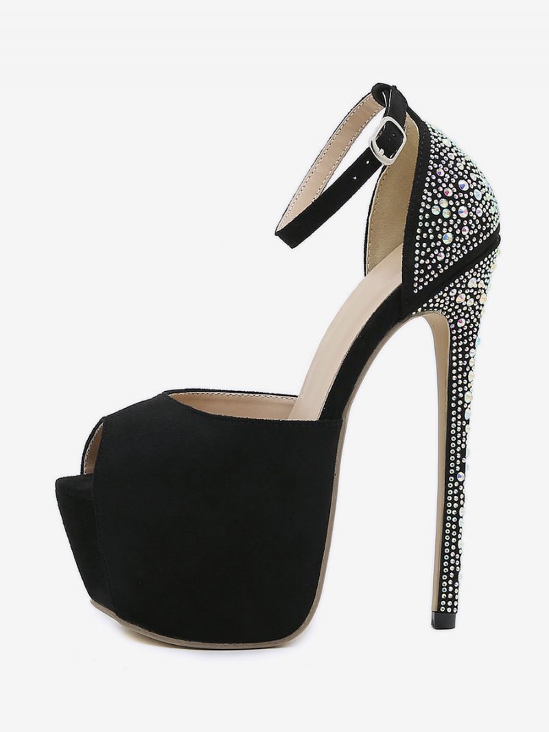 Escarpins À Talons Hauts Sexy Pour Femmes Plateforme Noire Strass Bout Ouvert Talon Aiguille Micro-daim Supérieurs - Noir