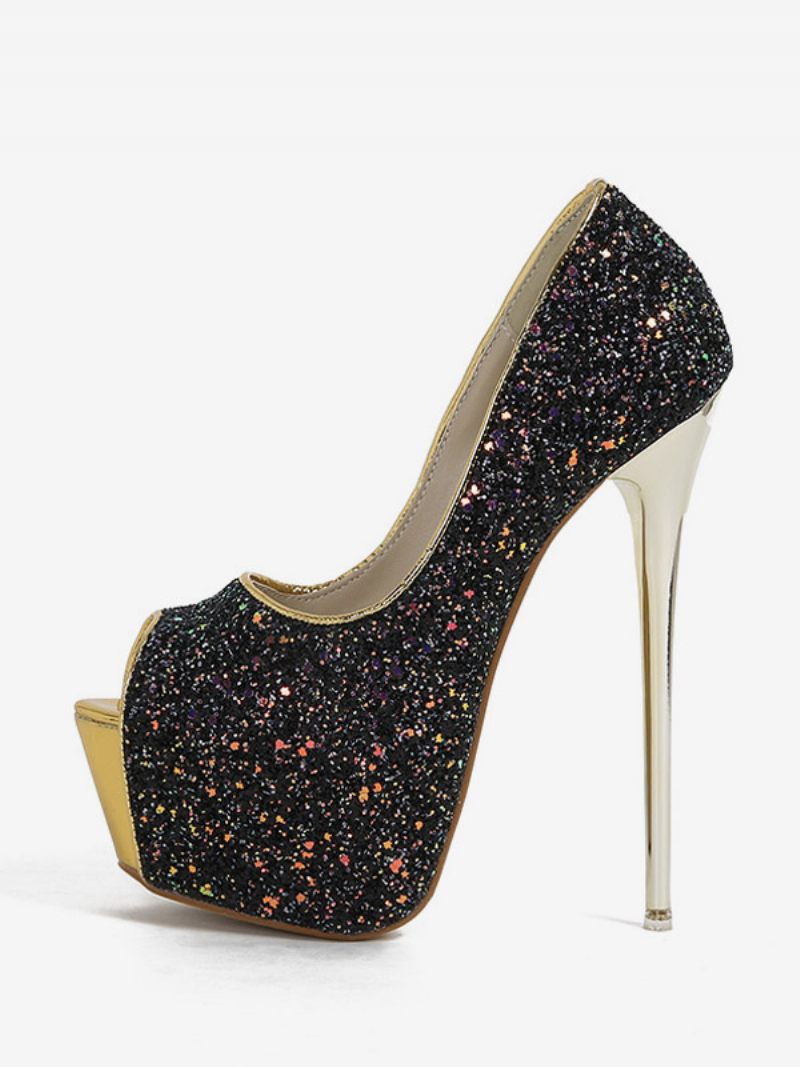 Escarpins Tissu Pailleté À Talons Aiguilles Sexy Pour Femmes - Noir