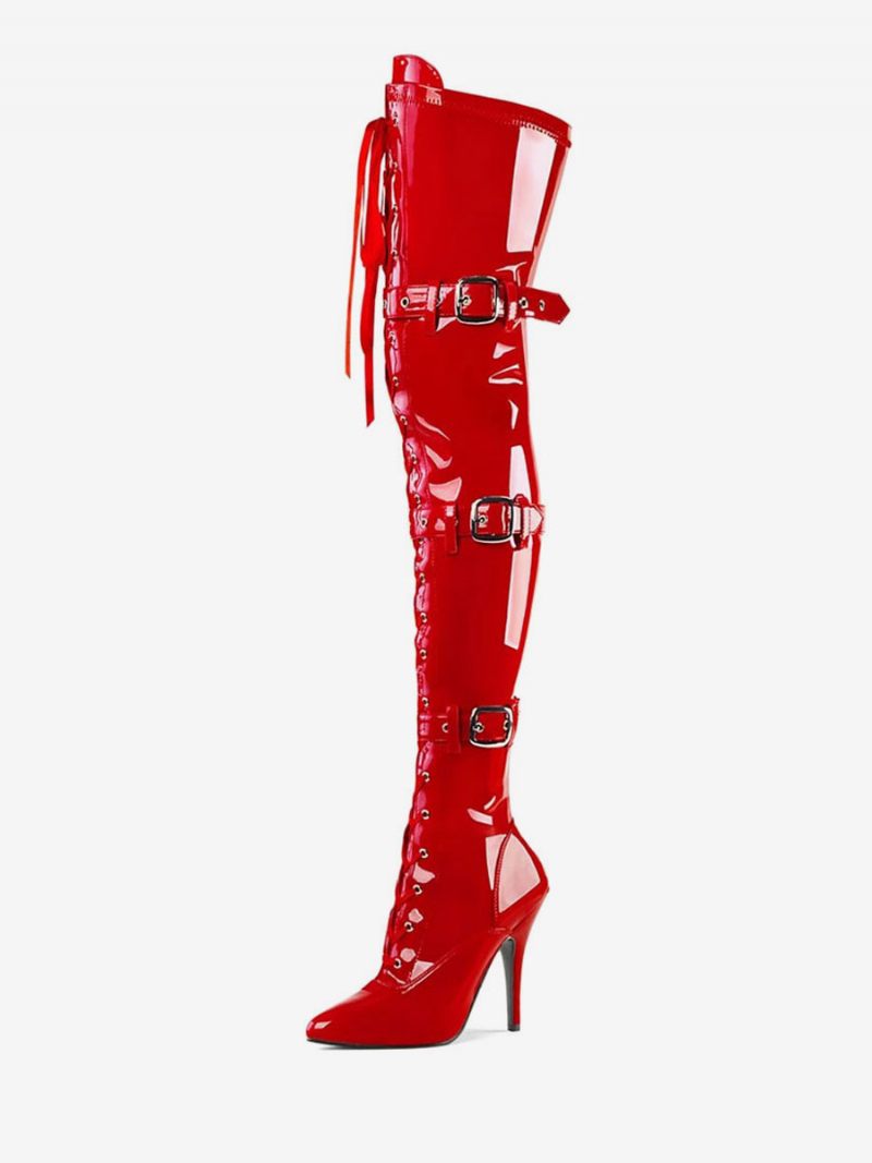 Femmes Bottes Sexy Bout Pointu Fermeture Éclair Paillettes Talon Aiguille Rave Club Noir Argent Cuissardes - Rouge