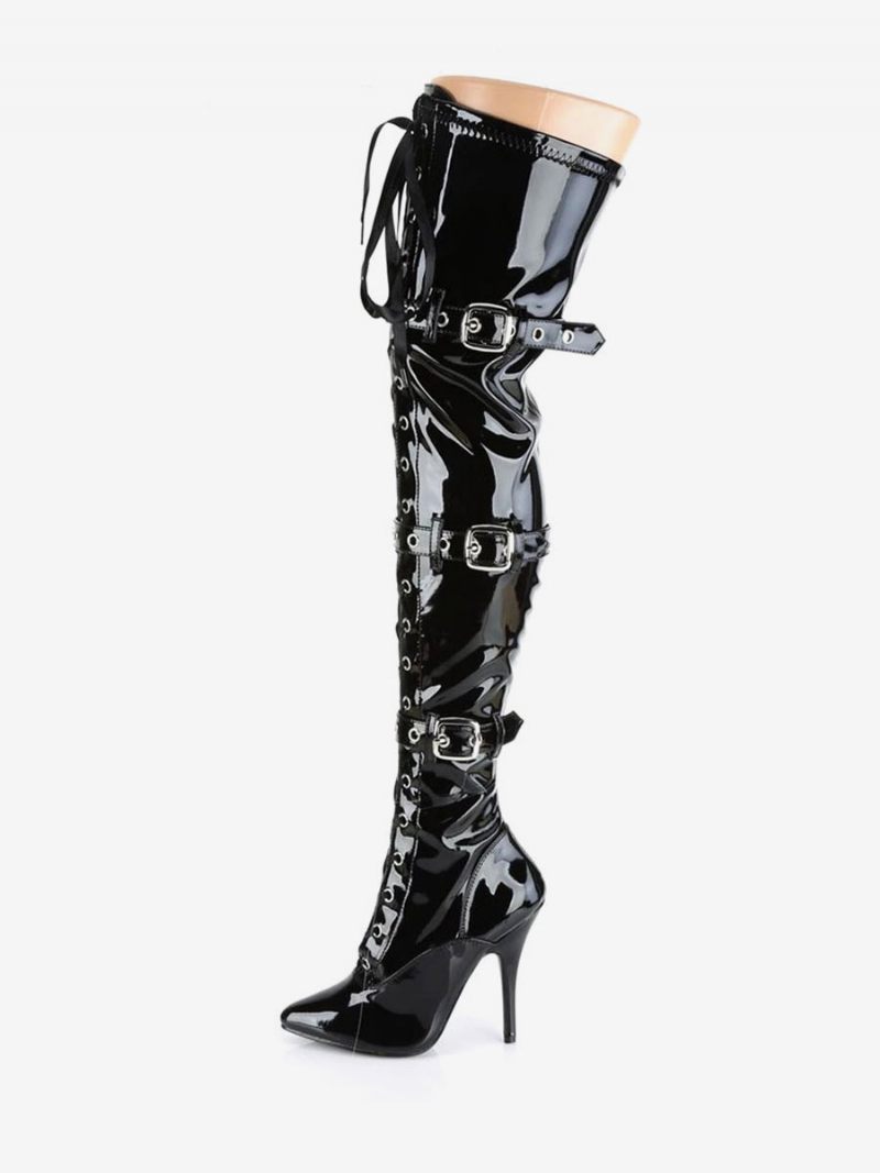 Femmes Bottes Sexy Bout Pointu Fermeture Éclair Paillettes Talon Aiguille Rave Club Noir Argent Cuissardes - Noir Argent