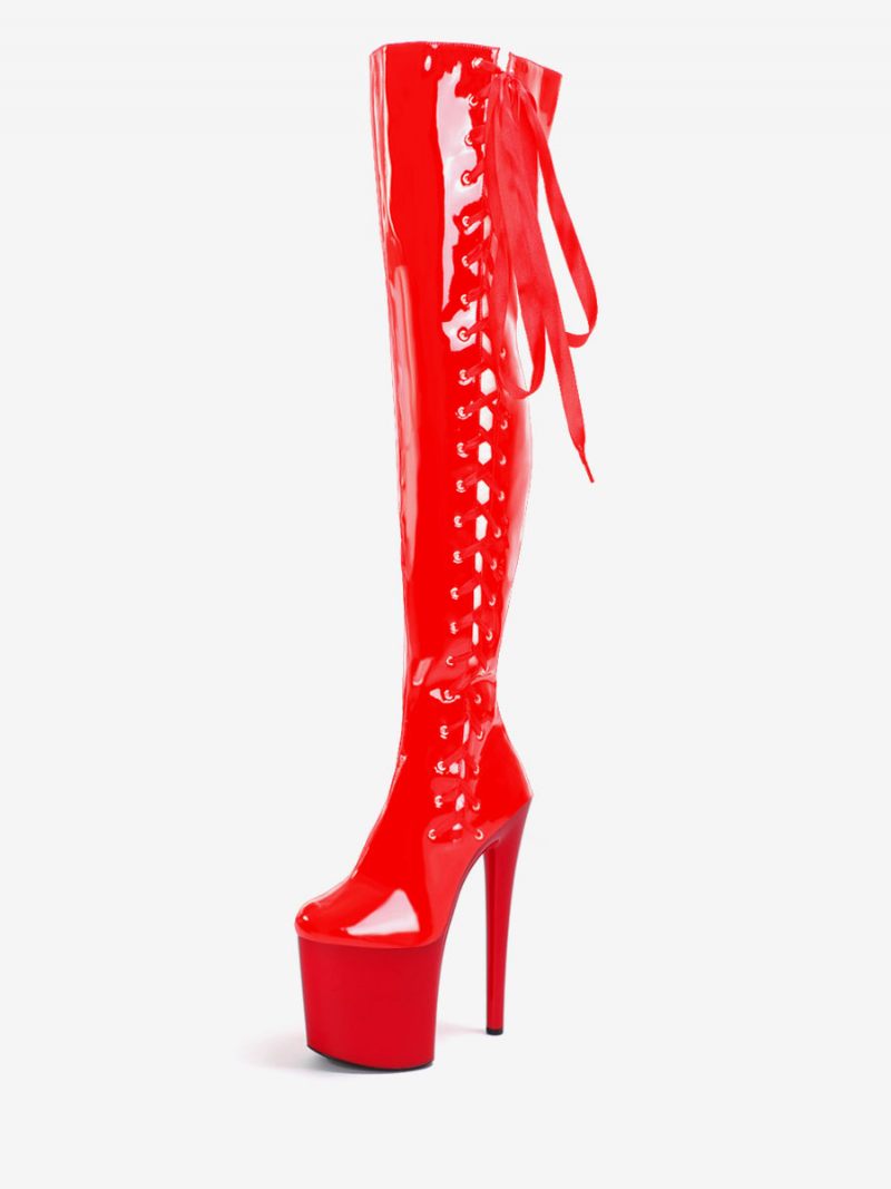 Femmes Bottes Sexy Bout Rond Fermeture Éclair Géométrique Talon Aiguille Pôle Danse Rouge Cuissardes Sur Les Au Genou