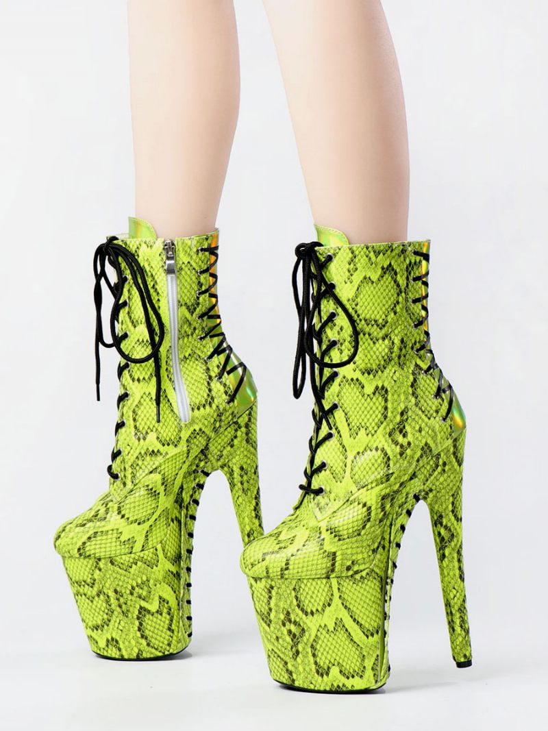 Femmes Bottes Sexy Bout Rond À Lacets Imprimé Serpent Talon Aiguille Rave Club Vert Cuissardes Sur Le Genou - Vert