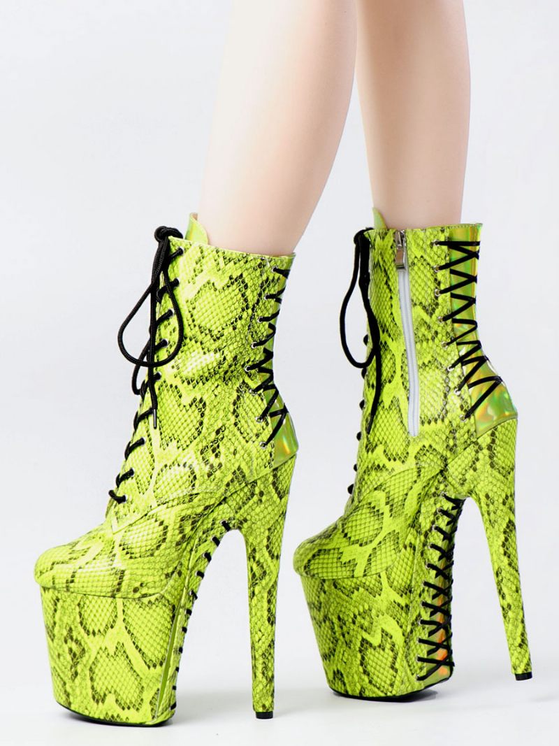 Femmes Bottes Sexy Bout Rond À Lacets Imprimé Serpent Talon Aiguille Rave Club Vert Cuissardes Sur Le Genou - Vert