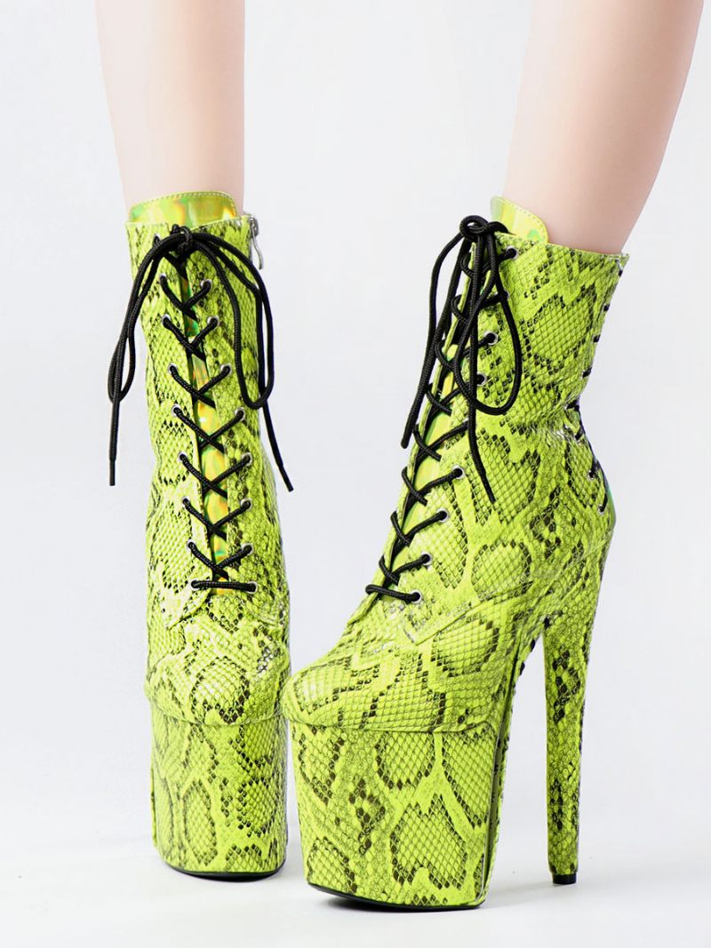 Femmes Bottes Sexy Bout Rond À Lacets Imprimé Serpent Talon Aiguille Rave Club Vert Cuissardes Sur Le Genou - Vert