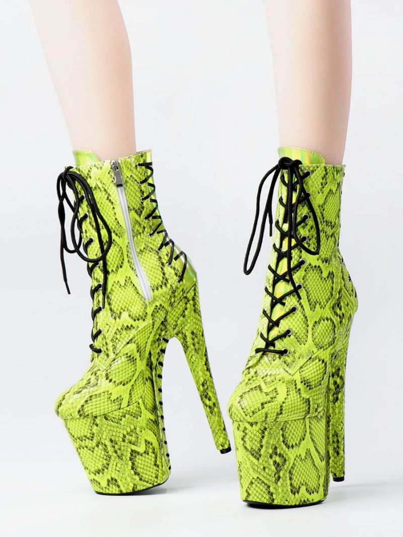 Femmes Bottes Sexy Bout Rond À Lacets Imprimé Serpent Talon Aiguille Rave Club Vert Cuissardes Sur Le Genou - Vert