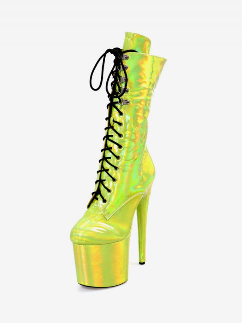 Femmes Bottes Sexy Bout Rond À Lacets Talon Aiguille Rave Club Vert Cuissardes Sur Les Au Genou - Vert