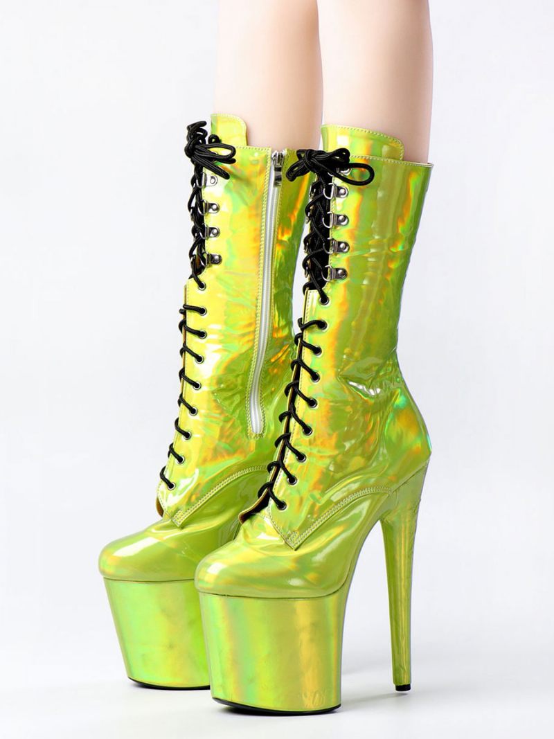 Femmes Bottes Sexy Bout Rond À Lacets Talon Aiguille Rave Club Vert Cuissardes Sur Les Au Genou - Vert