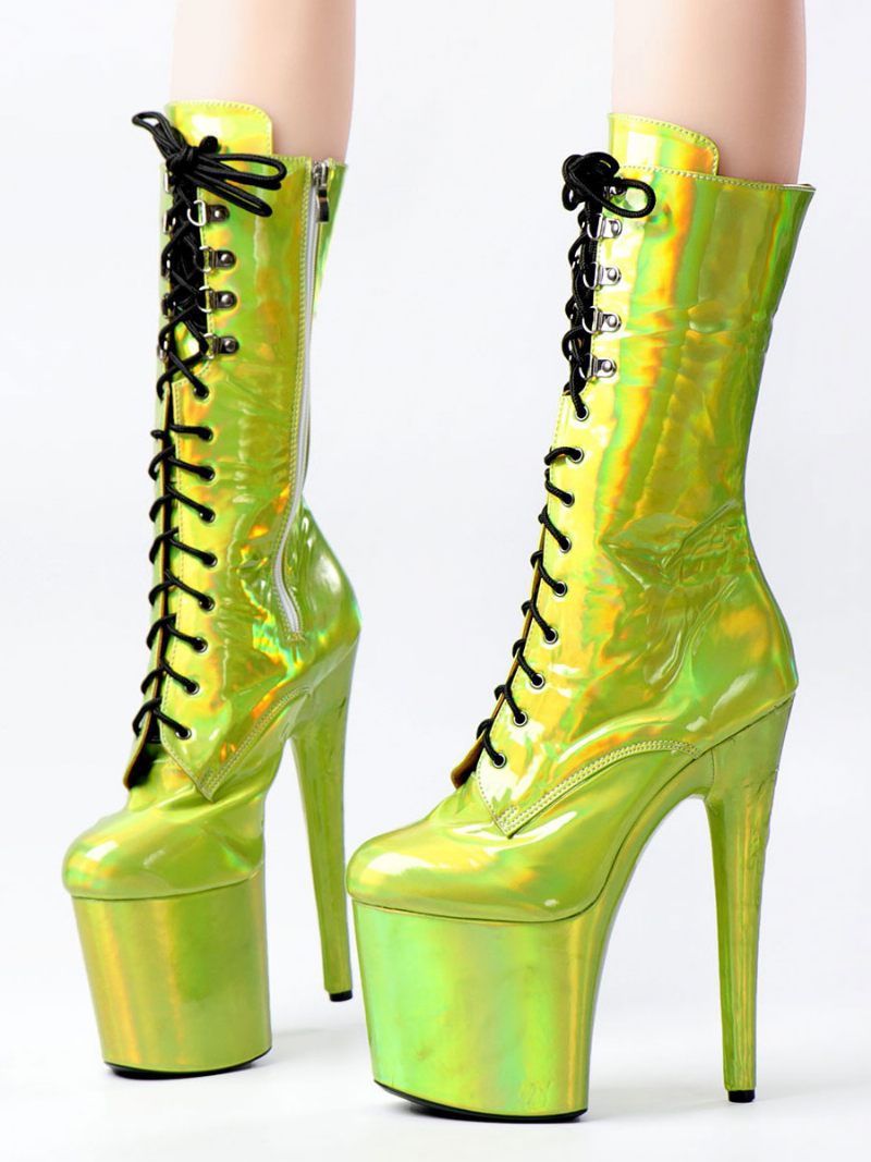 Femmes Bottes Sexy Bout Rond À Lacets Talon Aiguille Rave Club Vert Cuissardes Sur Les Au Genou - Vert