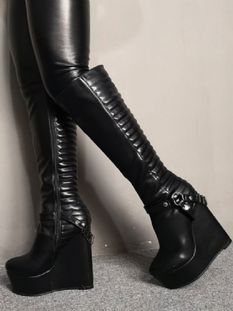 Femmes Bottes Sexy Plate-forme Talon Compensé Rave Club Noires Au Genou