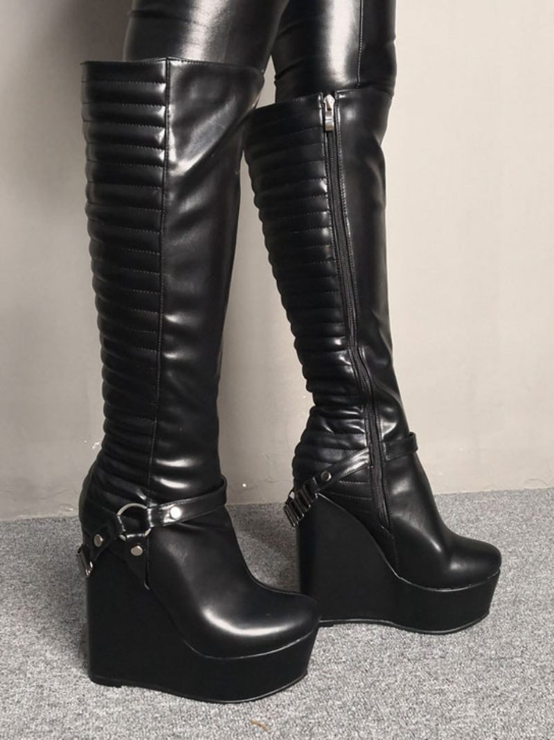 Femmes Bottes Sexy Plate-forme Talon Compensé Rave Club Noires Au Genou - Noir