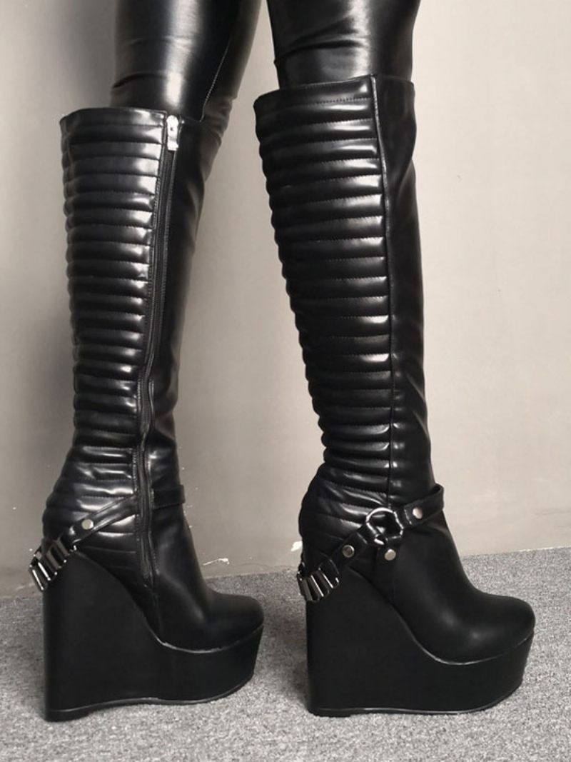 Femmes Bottes Sexy Plate-forme Talon Compensé Rave Club Noires Au Genou - Noir