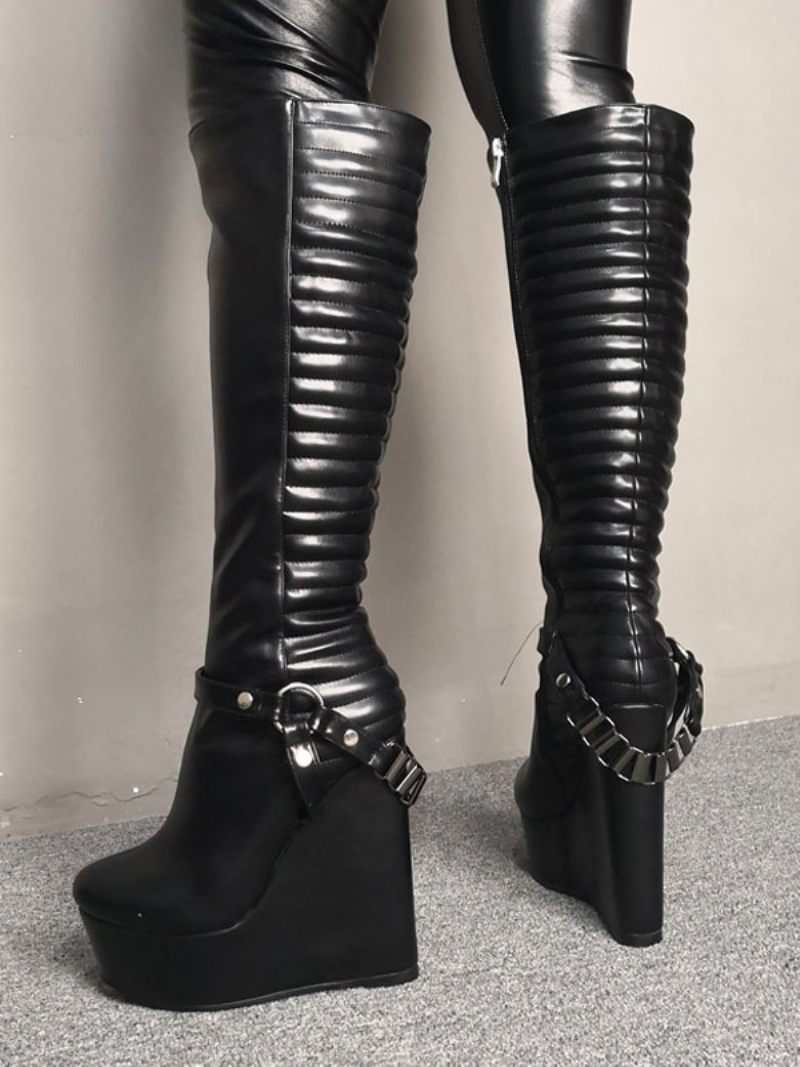 Femmes Bottes Sexy Plate-forme Talon Compensé Rave Club Noires Au Genou - Noir