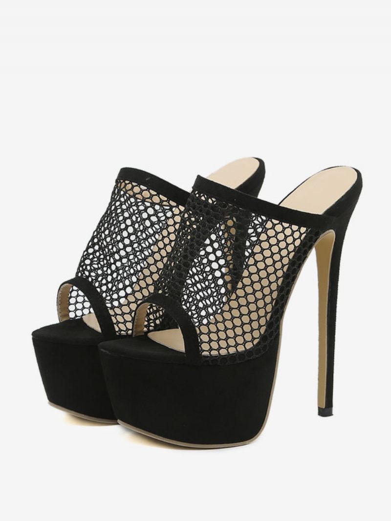 Femmes Noir Sexy Talons Hauts Net Plateforme Peep Toe Stiletto Sky High Sandal Pantoufles - Noir