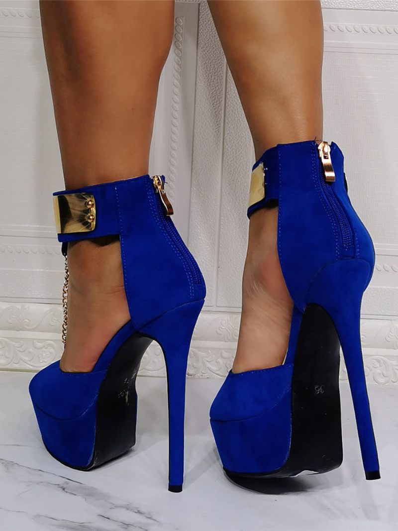 Femmes Sandales Sexy Bleu Royal Micro Daim Supérieur Bout Ouvert Talon Aiguille Haut Bride À La Cheville Talons - Bleu Royal