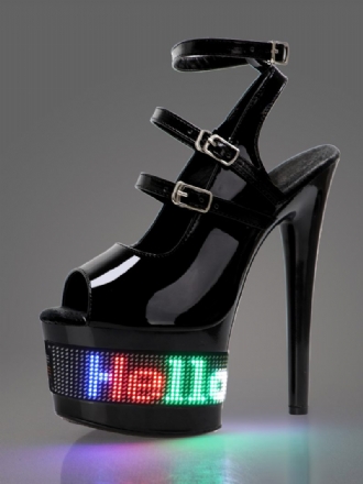 Femmes Sandales Sexy Cuir Pu Noir Peep Toe Plate-forme Led Détail Chaussures