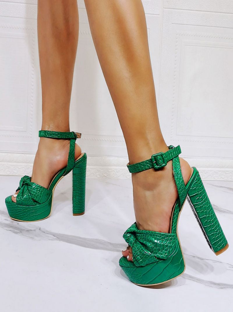 Femmes Sandales Sexy Vert Pu Cuir Bout Ouvert Talon Épais Bride À La Cheville Talons