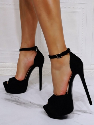 Femmes Talon Haut Sandales Sexy Noir Micro Daim Supérieur Peep Toe Aiguille Bride À La Cheville Talons