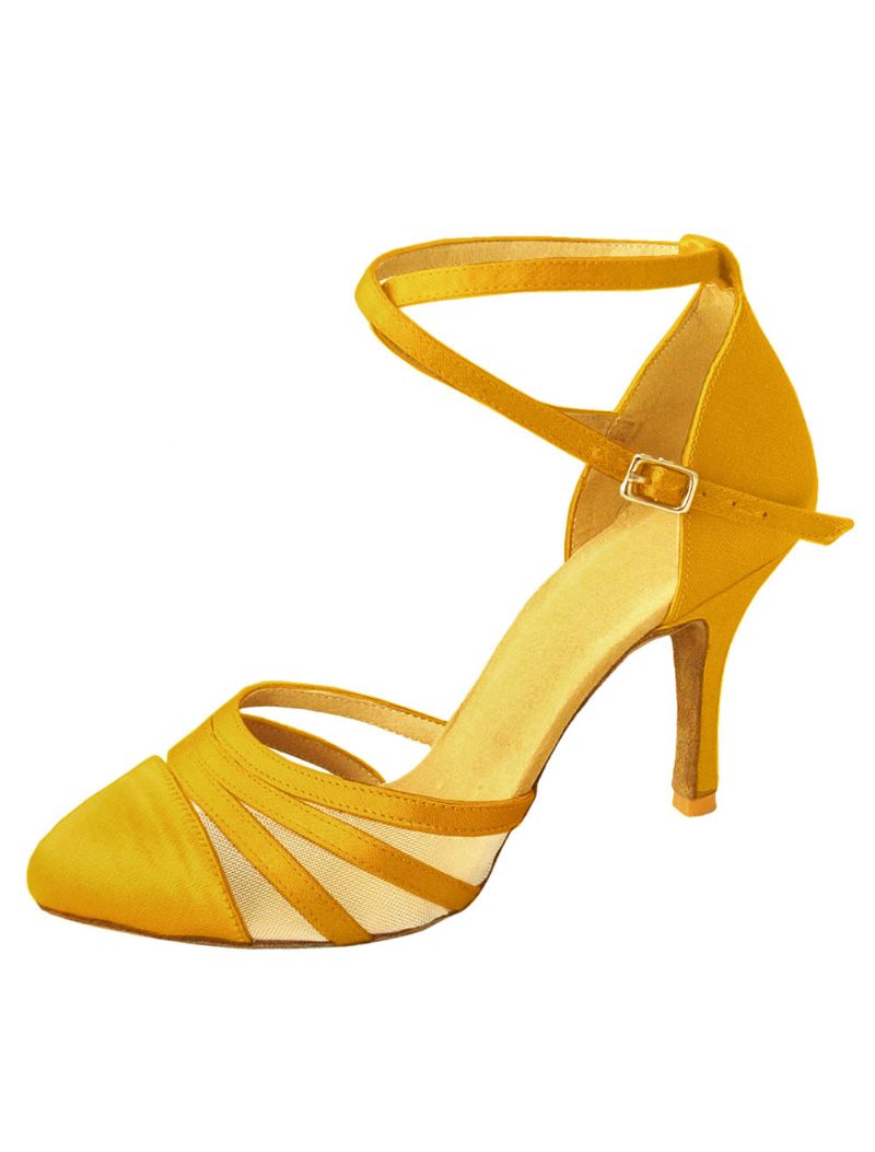 Sandales Danse Latine Avec Brides Cheville Pour Femmes Chaussures Salle Bal Satin - Jaune