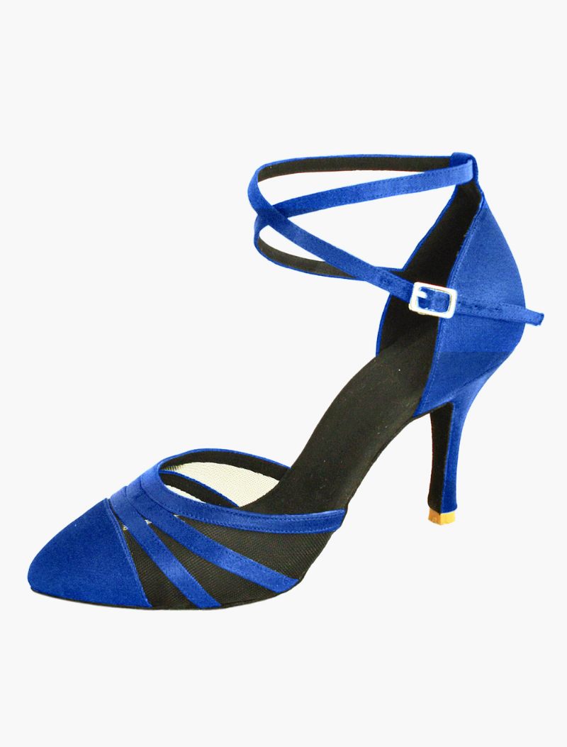 Sandales Danse Latine Avec Brides Cheville Pour Femmes Chaussures Salle Bal Satin - Bleu